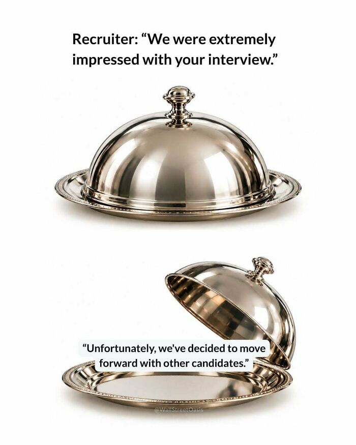 Meme of a silver serving platter showing a job rejection, representing recruiting fails funny pics.