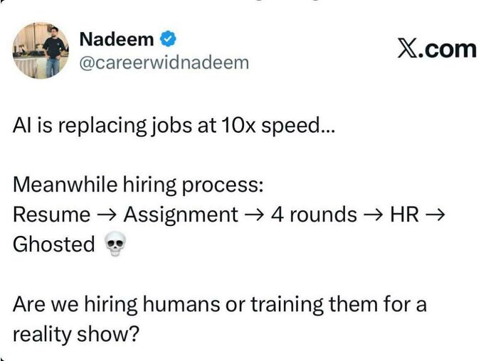 Social media post contrasting fast AI with slow hiring processes as part of recruiting fails funny pics.