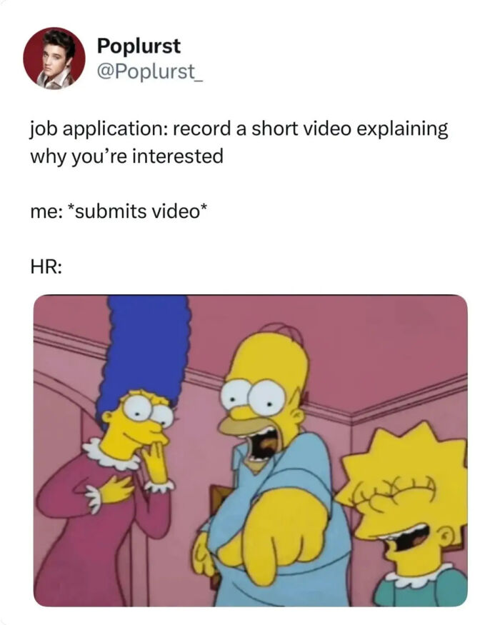 A Simpsons meme depicting HR reactions to application videos in a post about recruiting fails.