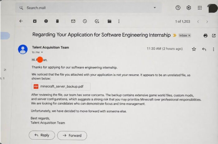 An email rejection for attached Minecraft file instead of resume, showcasing hilarious recruiting fails.