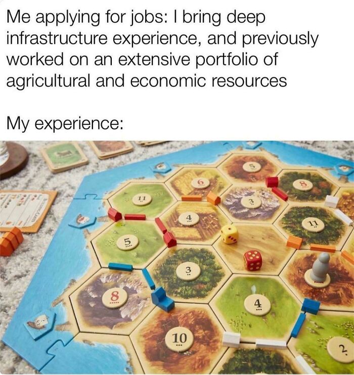 Meme comparing actual job experience to playing the Catan board game, highlighting recruiting fails and funny pics.