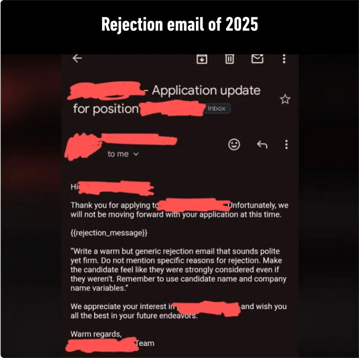 Funny recruitment fail showing an automated AI prompt left inside a rejection email template.