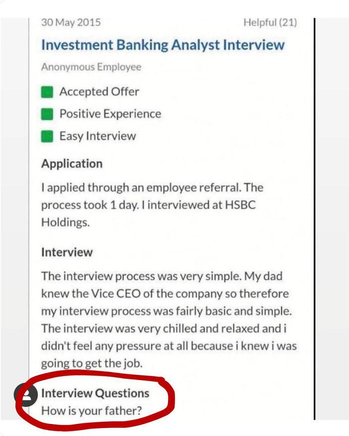 Screenshot of an interview review highlighting funny recruiting fails where the only question is about the candidate's father.