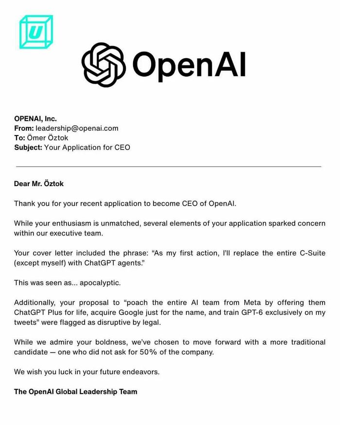 Fake rejection letter from OpenAI showing funny recruiting fails for a CEO job application.