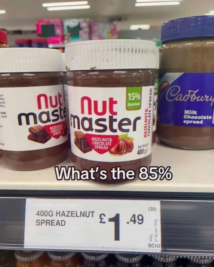 Hilarious memes showing Nut Master chocolate spread on a store shelf
