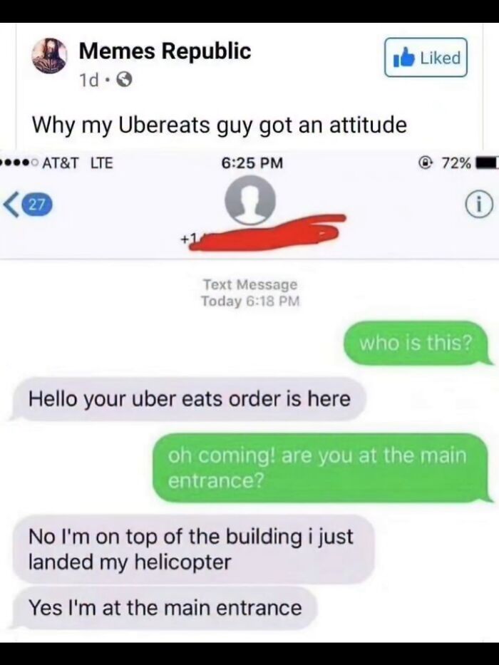 Sarcastic text message exchange with a food delivery driver in a hilarious real life meme.