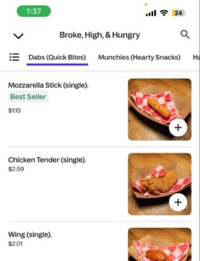 Food ordering menu with funny single item options as seen in real life hilarious memes.