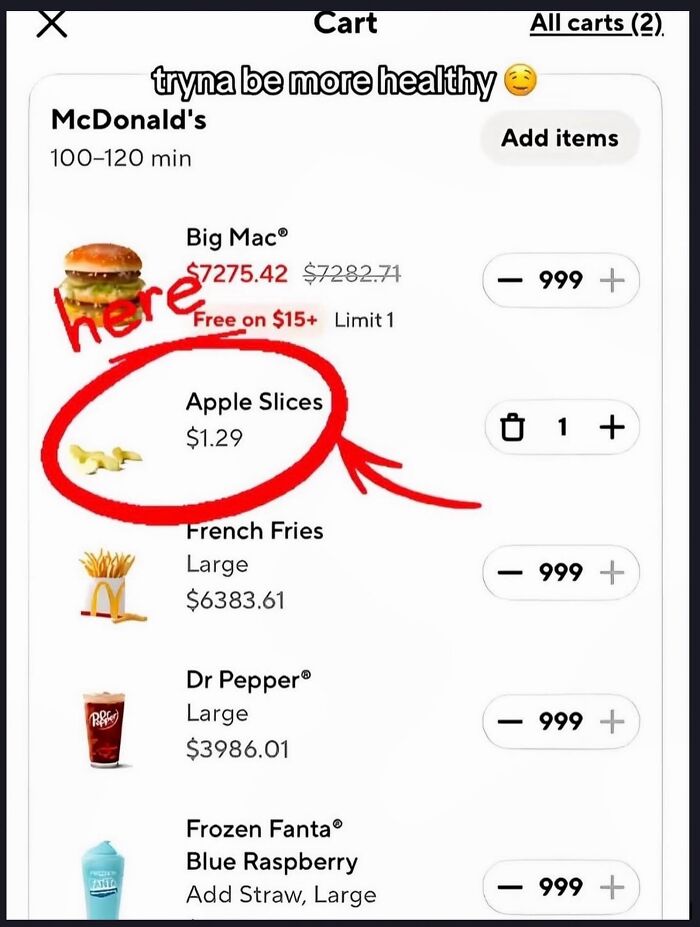 Hilarious memes depicting a fast food cart with apple slices and expensive items