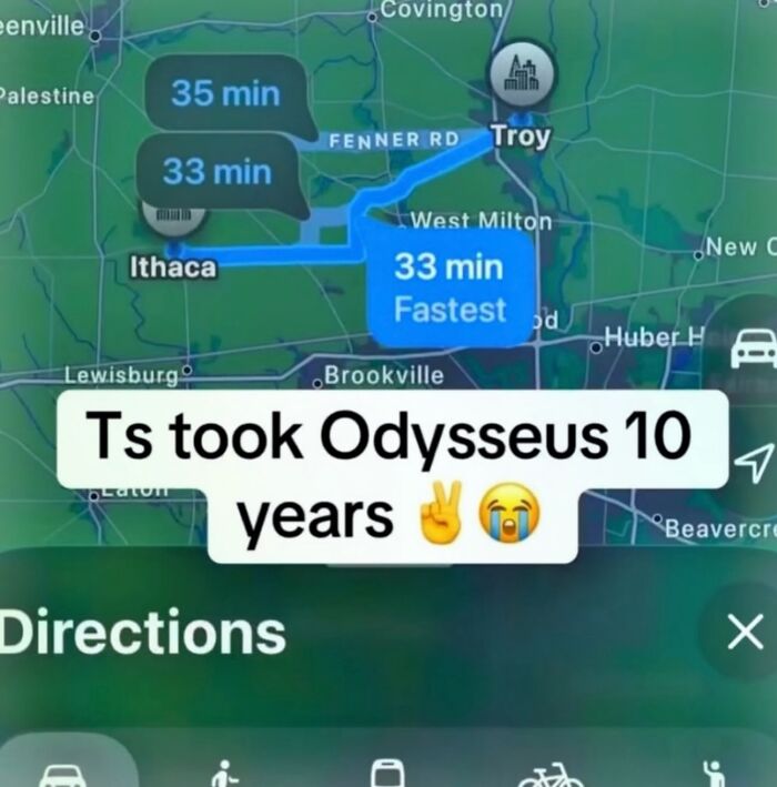 Hilarious memes GPS map route from Troy to Ithaca with a joke about Odysseus taking 10 years.