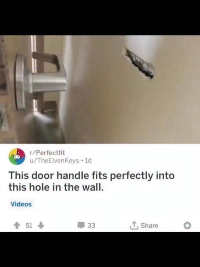 Real life hilarious memes showing a door handle fitting into a hole it created in the wall.