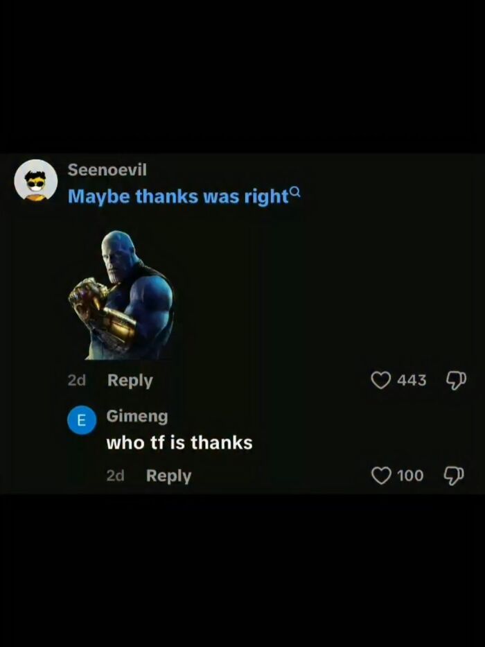 Hilarious memes showcasing a funny typo mix-up between Thanos and thanks in a comment section.