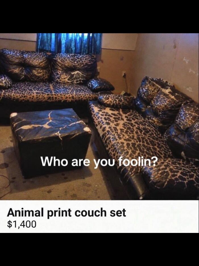 Funny real life meme showing cracked black leather sofas listed online as an animal print couch set.