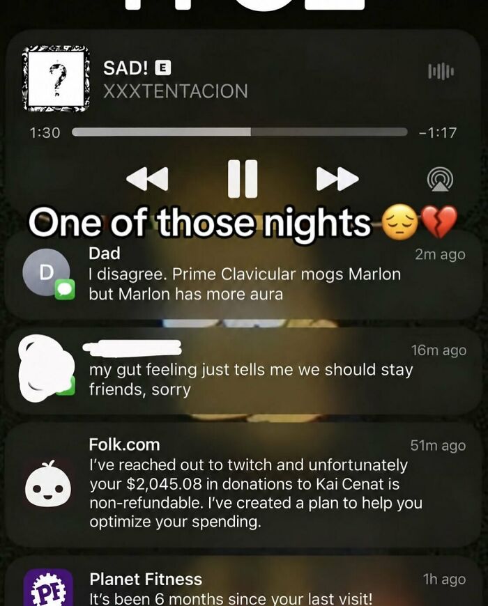Funny real life meme featuring chaotic phone notifications showing a series of unfortunate updates.
