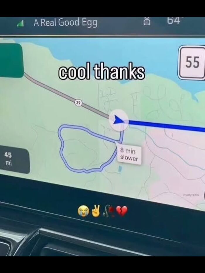 GPS navigation screen showing a longer route, creating one of those hilarious memes about technology fail.