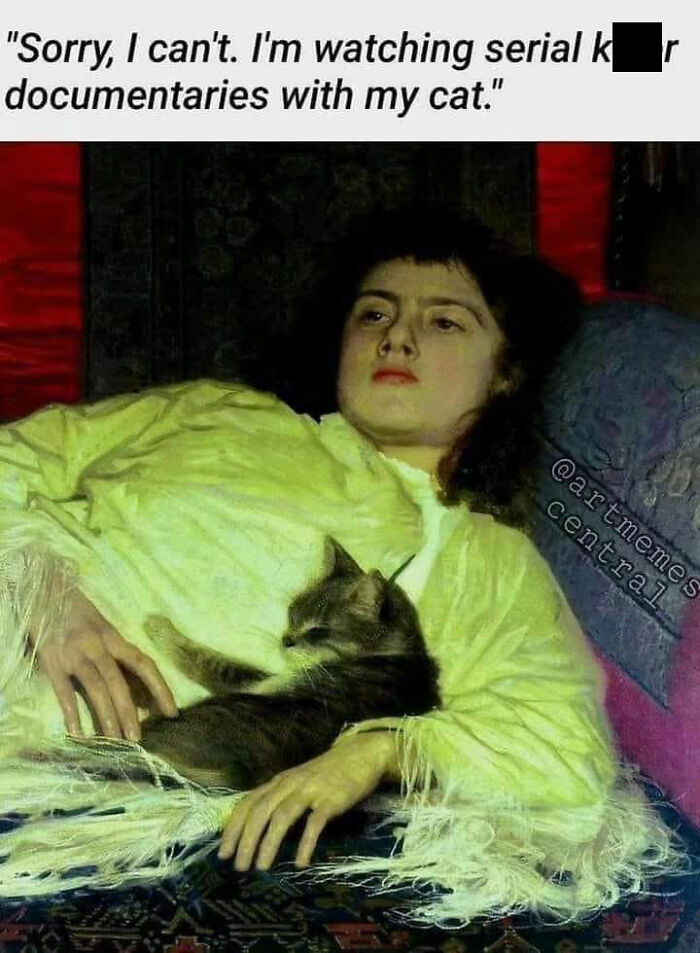 Classic art painting turned into funny memes featuring a person resting with a cat