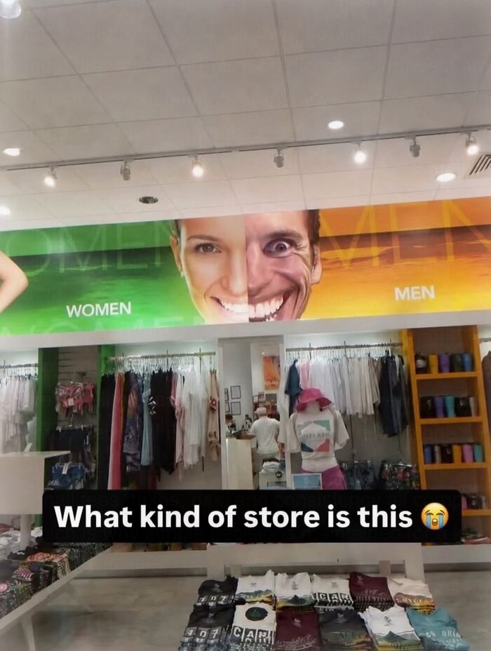 A hilarious meme showing a clothing store display with a creepy face split between women and men sections