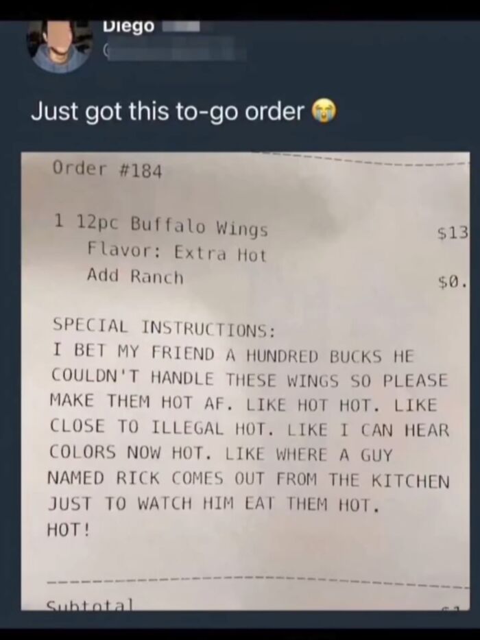 Food receipt with funny extra hot instructions in hilarious memes from real life.