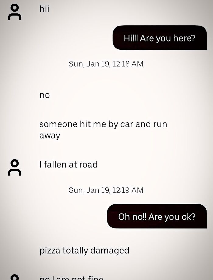 Text conversation meme about getting hit by a car while delivering a pizza