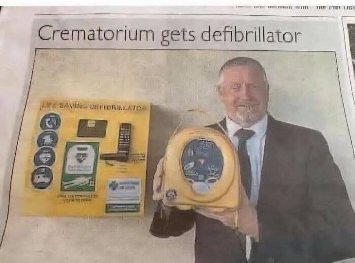 Newspaper article titled Crematorium gets defibrillator, showcasing hilarious ads and news headlines.
