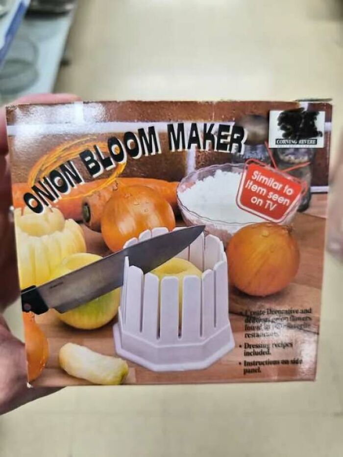 Product box for an onion bloom maker representing hilarious ads with strange product design.