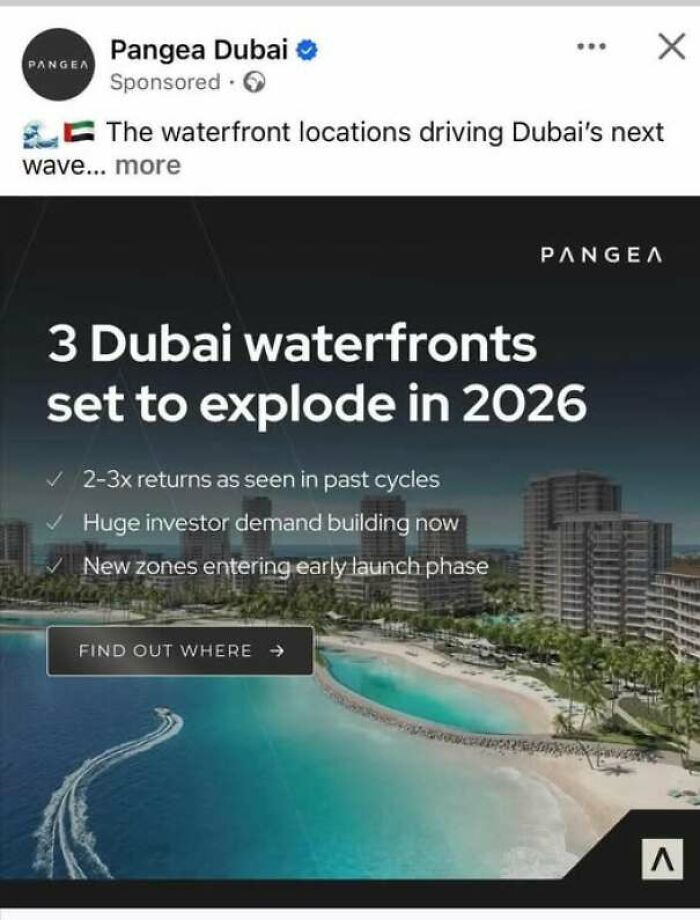 Hilarious ad for Dubai waterfronts saying set to explode in 2026.