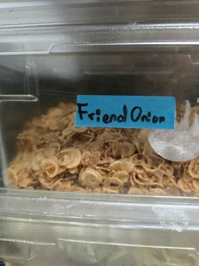 A container labeled Friend Onion instead of Fried Onion featured as a hilarious sign typo.
