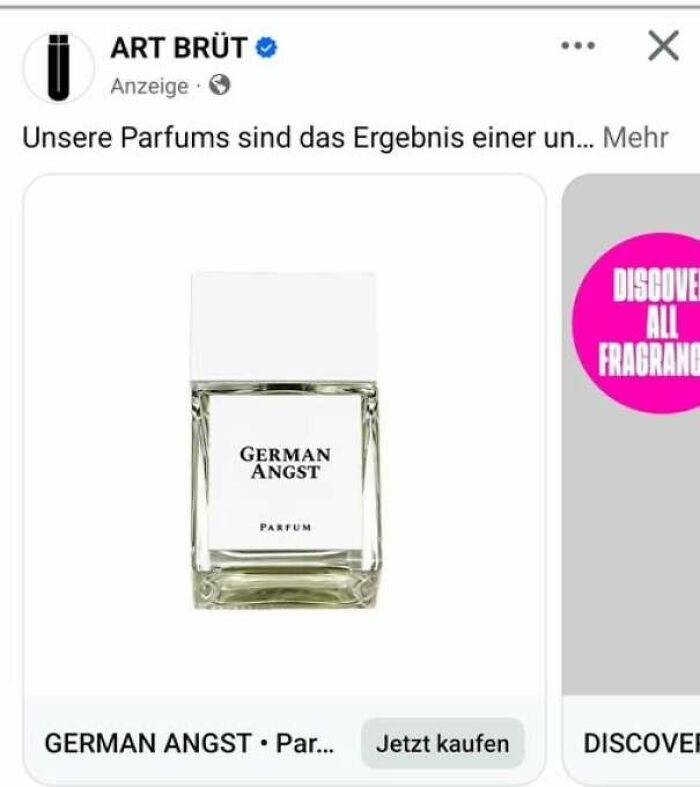 Online ad showing a perfume bottle labeled German Angst as an example of ads and signs that missed the mark