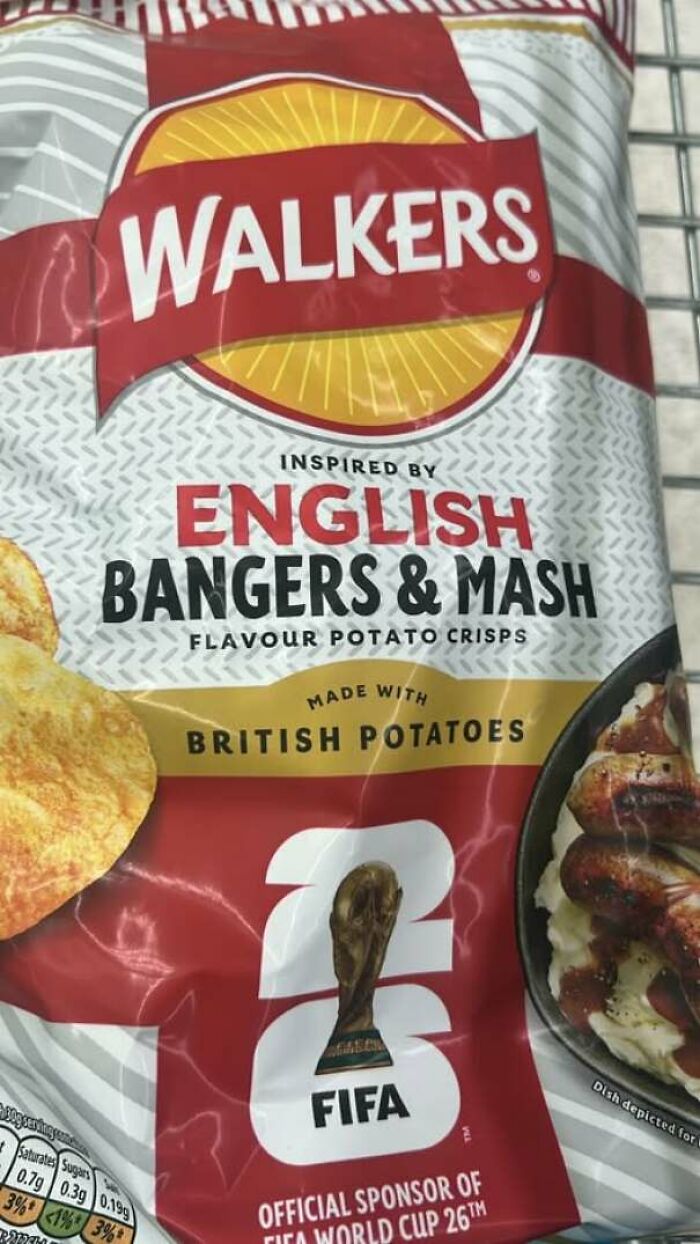 Hilarious ads: a bag of Walkers crisps featuring a funny placement of the World Cup trophy in the design.