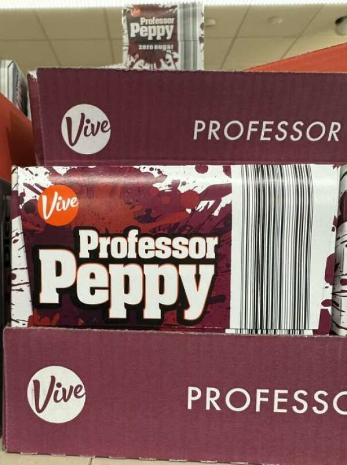 Off-brand soda boxes labeled Professor Peppy showing hilarious ads and signs