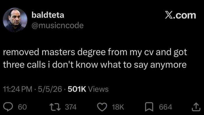 A post about removing a master degree from a CV to get interview callbacks, demonstrating recruiting fails.