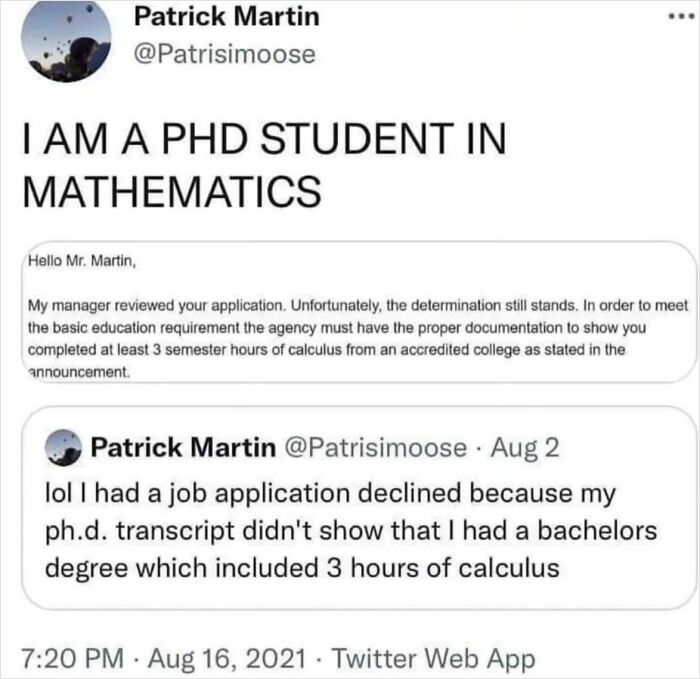 A social media post about recruiting fails showing a math PhD student rejected for lacking calculus credits.