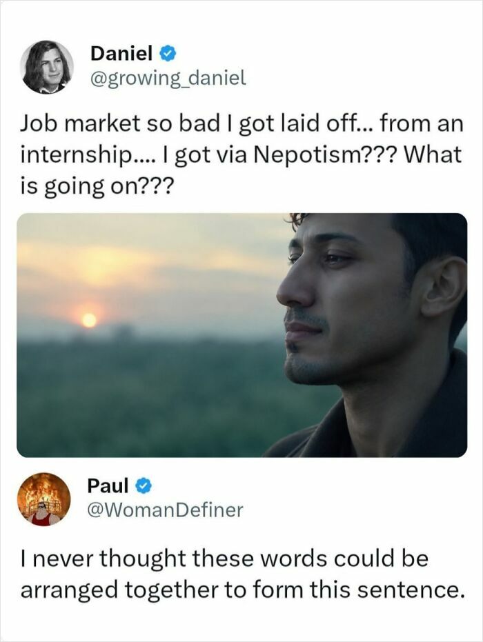 Social media post highlighting recruiting fails where someone was laid off from a nepotism internship.