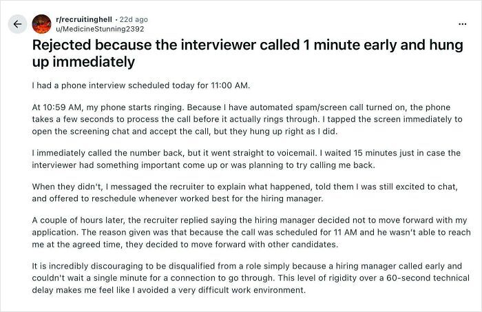 Reddit post screenshot illustrating recruiting fails funny pics as an interviewer hangs up one minute early.