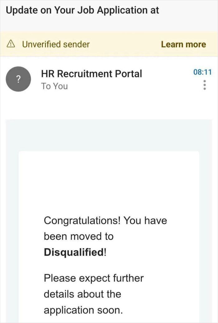 Automated email notification displaying a humorous error stating Congratulations! You have been moved to Disqualified!