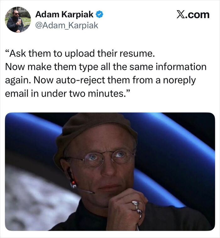 Meme featuring a social media post and movie villain about job application recruiting fails funny pics.