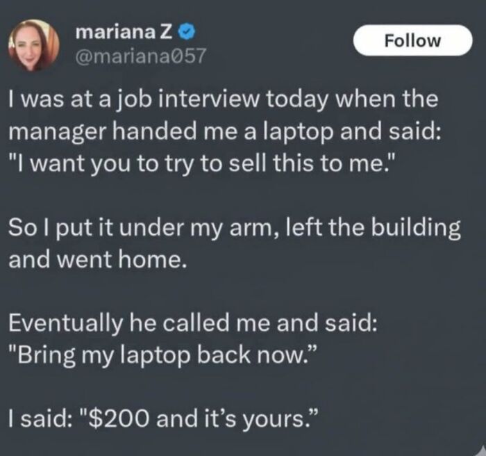 Humorous post about a clever response during a job interview test, shared as funny pics of recruiting fails.