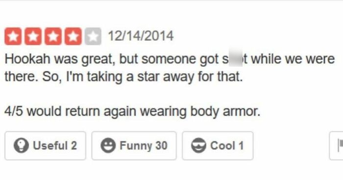 Funny review where customer deducts a star because someone was shot at a hookah lounge, exemplary of funny product reviews.