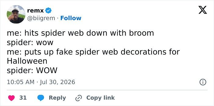 A humorous post by remx about spider webs and fake decorations, featured in relatable Halloween Tweets.