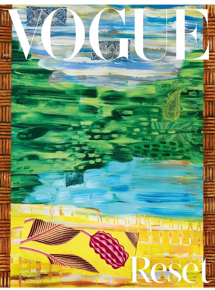 Artistic vintage Vogue cover showcasing an abstract painted landscape artwork with green and blue brushstrokes.