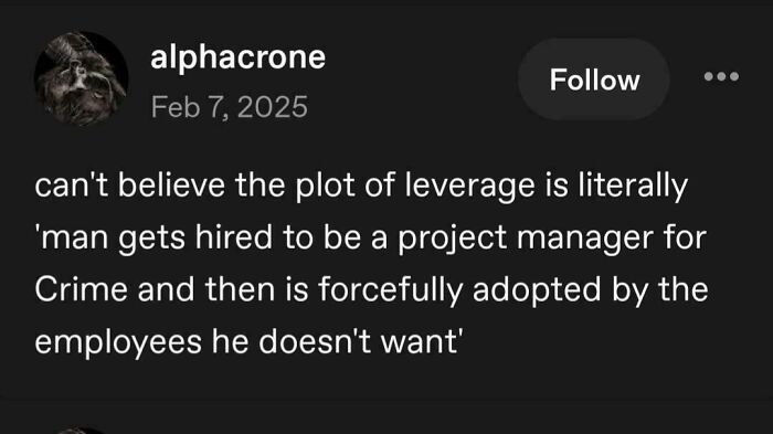 A text-based screenshot showcasing funny and random posts about the plot summary of the TV show Leverage.