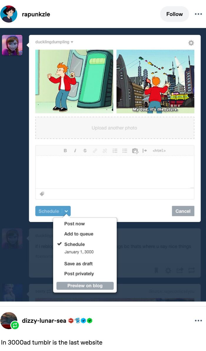 Funny post on Tumblr scheduling a Futurama meme post for the year 3000.