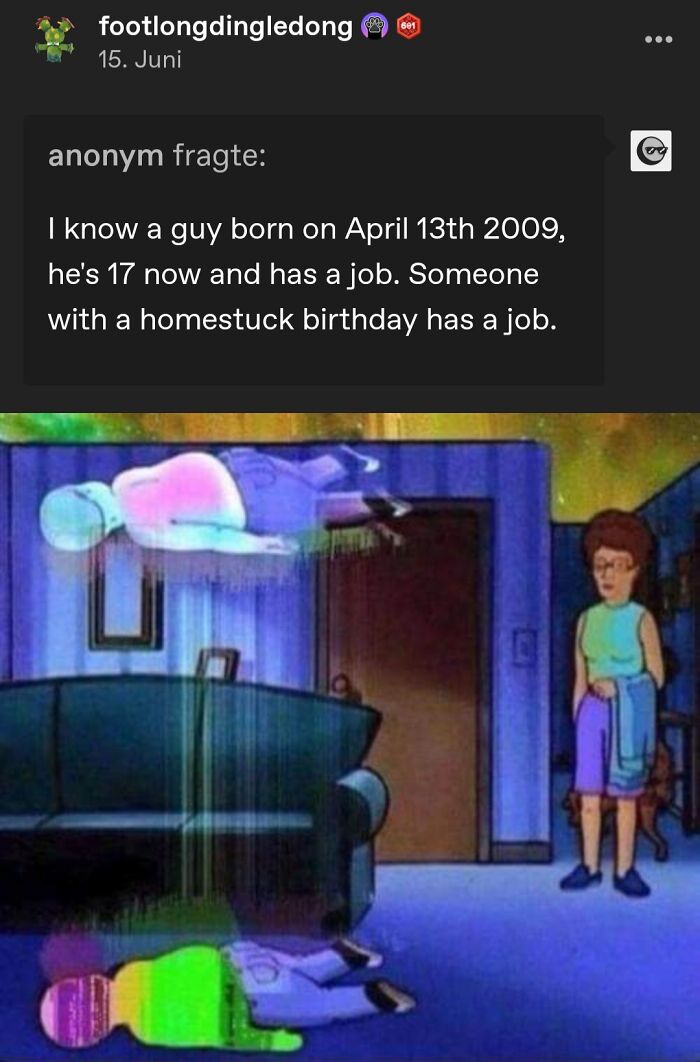 Funny random posts from Tumblr featuring a cartoon character ascending alongside a joke about time passing.