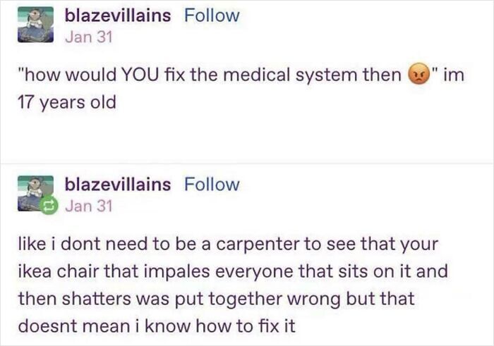Funny post from Tumblr about an analogy regarding fixing the medical system and broken furniture