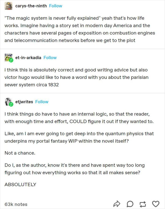 Random Tumblr post thread analyzing worldbuilding and magic systems in fiction