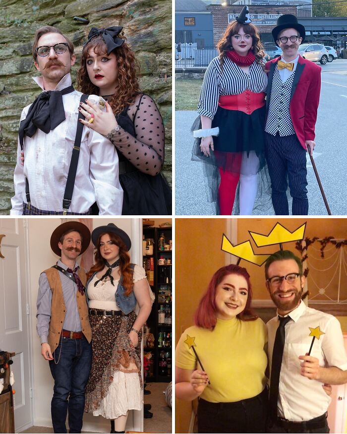 Four different funny cool halloween couples costumes ideas in a grid layout
