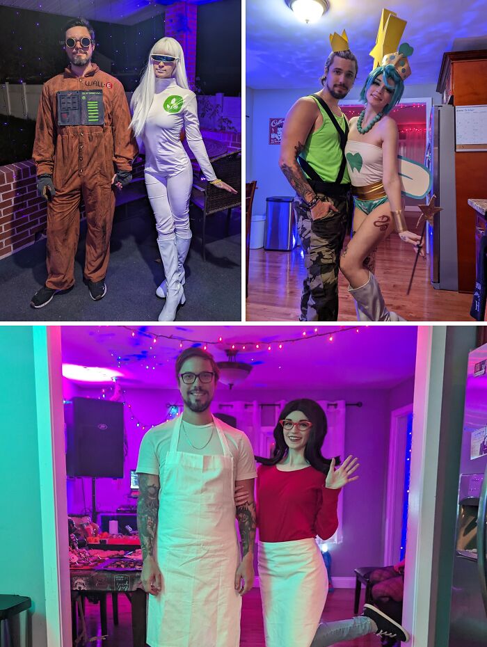 Collage of three different funny cool Halloween couples costumes worn by a couple.