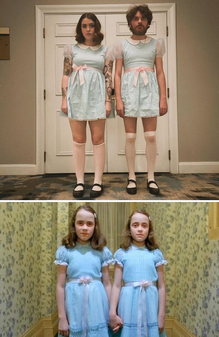 A man and woman dressed as the Shining twins for funny cool Halloween couples costumes
