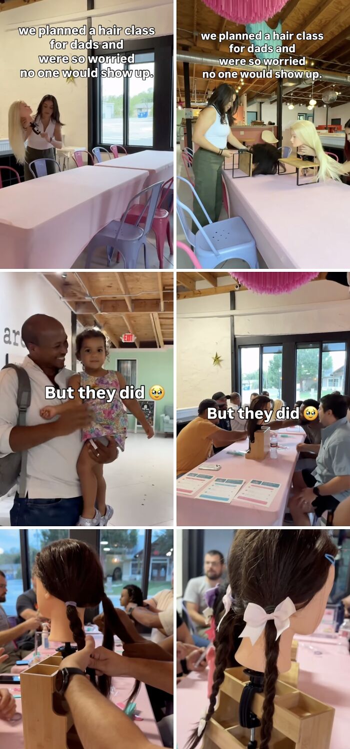 Dads learning how to braid hair at a workshop, reflecting wholesome moments shared online