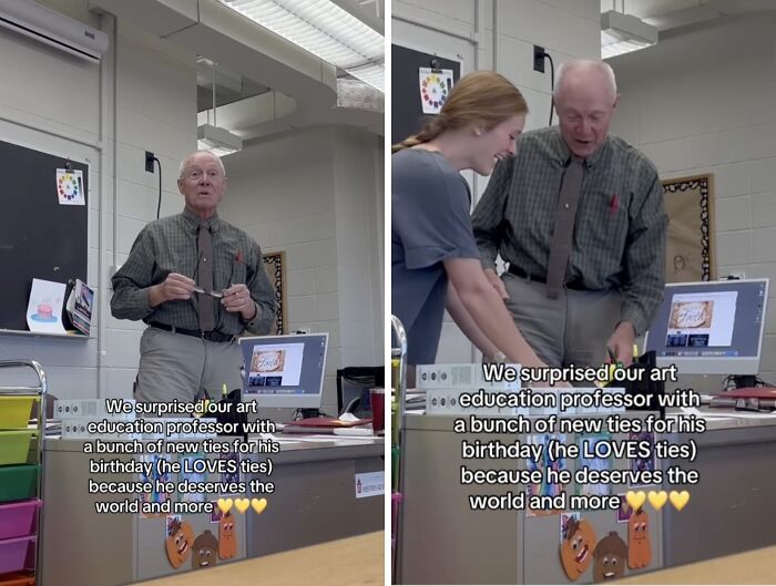 Happy professor surprised with new ties by students, capturing wholesome moments from the classroom.