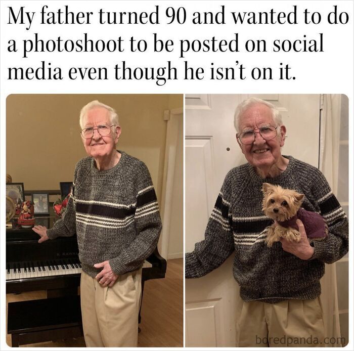 Elderly man smiling during a 90th birthday photoshoot, one of many wholesome moments shared online.
